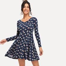 Shein Allover Print V-neck Dress