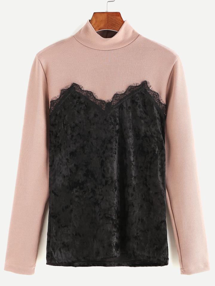 Shein Mock Neck Contrast Velvet Lace Trim Knit T-shirt