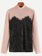Shein Mock Neck Contrast Velvet Lace Trim Knit T-shirt
