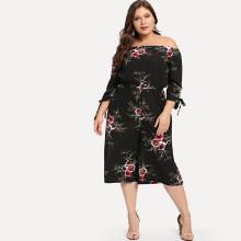Shein Plus Off Shoulder Knot Cuff Jumpsuit