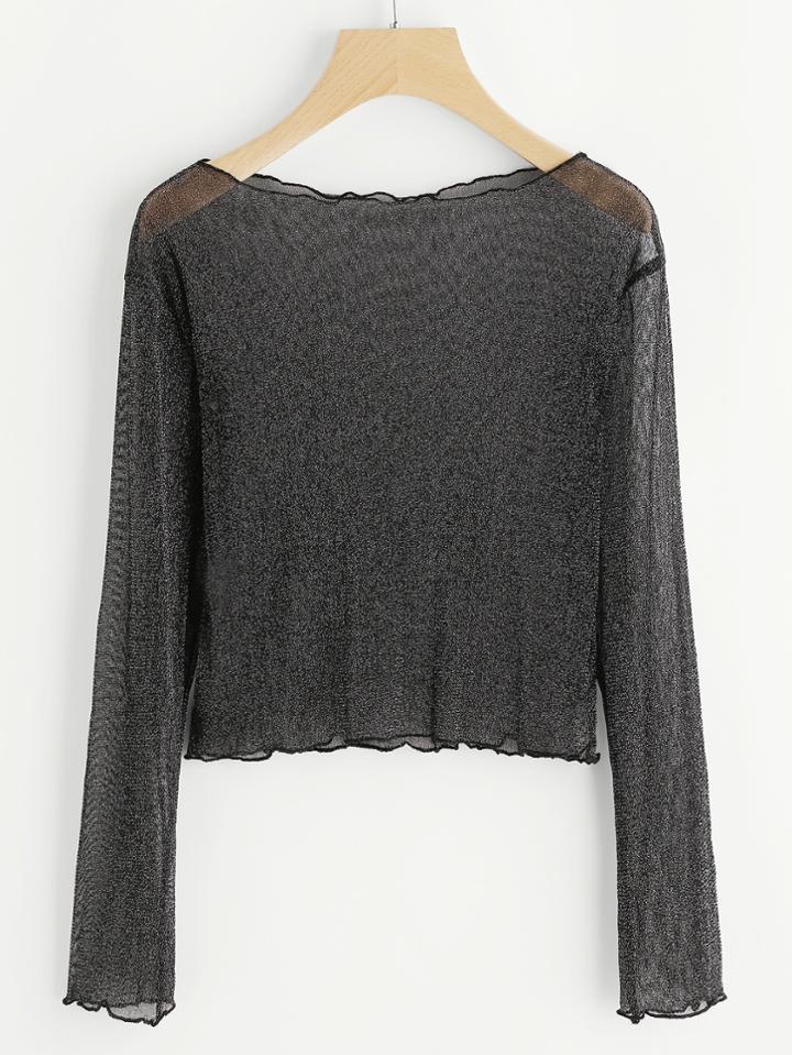 Shein Lettuce Edge Hem Semi Sheer Metallic Top