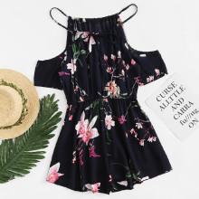 Shein Open Shoulder Floral Print Romper