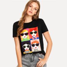 Shein Mixed Applique Cartoon Print Tee