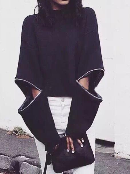 Shein Black High Neck Zipper Hollow Sleeve Sweater