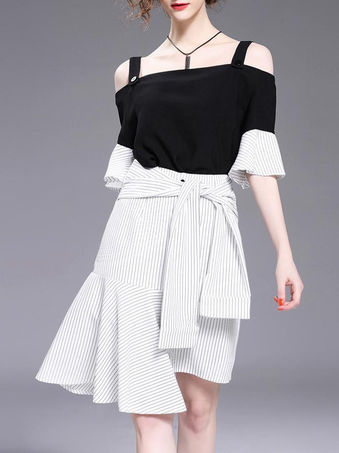 Shein Strap Ruffle Sleeve Top With Striped Asymmetric Skirt
