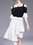 Shein Strap Ruffle Sleeve Top With Striped Asymmetric Skirt