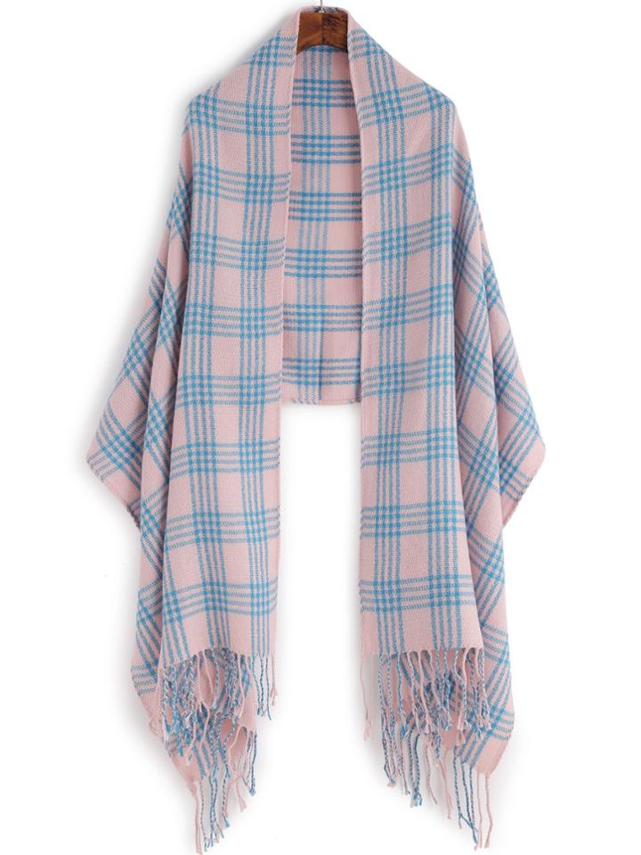 Shein Pink And Turquoise Plaid Long Fringe Shawl Scarf