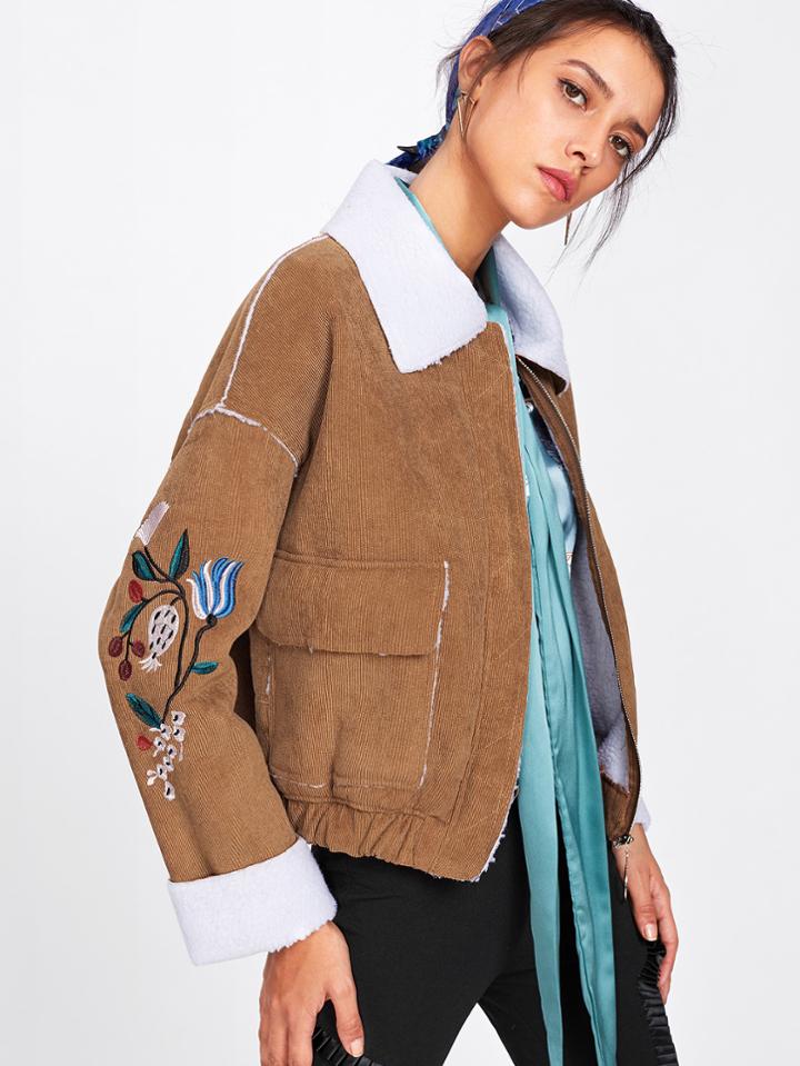 Shein Botanical Embroidered Elastic Hem Corduroy Jacket