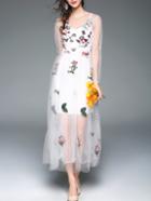 Shein White Sheer Gauze Embroidered Maxi Dress