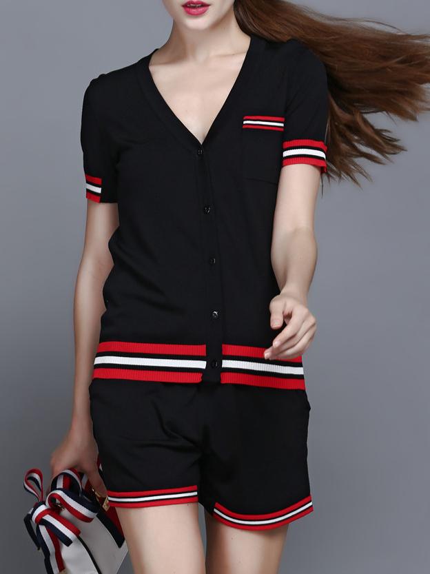 Shein Black V Neck Striped Top With Shorts