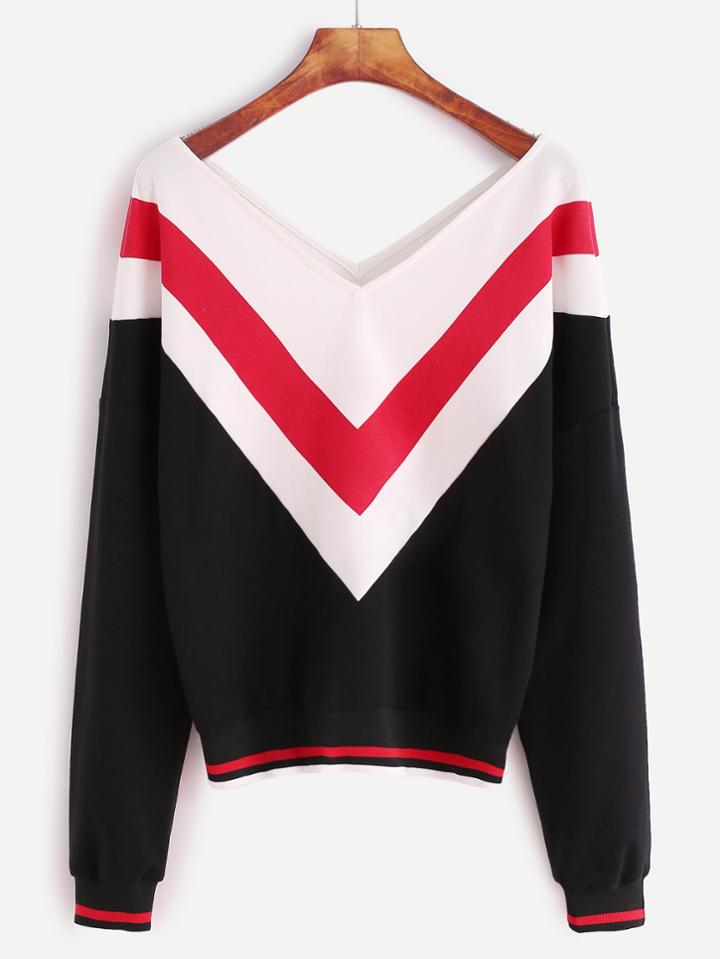 Shein Color Block Chevron Pattern Striped Trim Double V Neck Sweatshirt