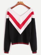 Shein Color Block Chevron Pattern Striped Trim Double V Neck Sweatshirt