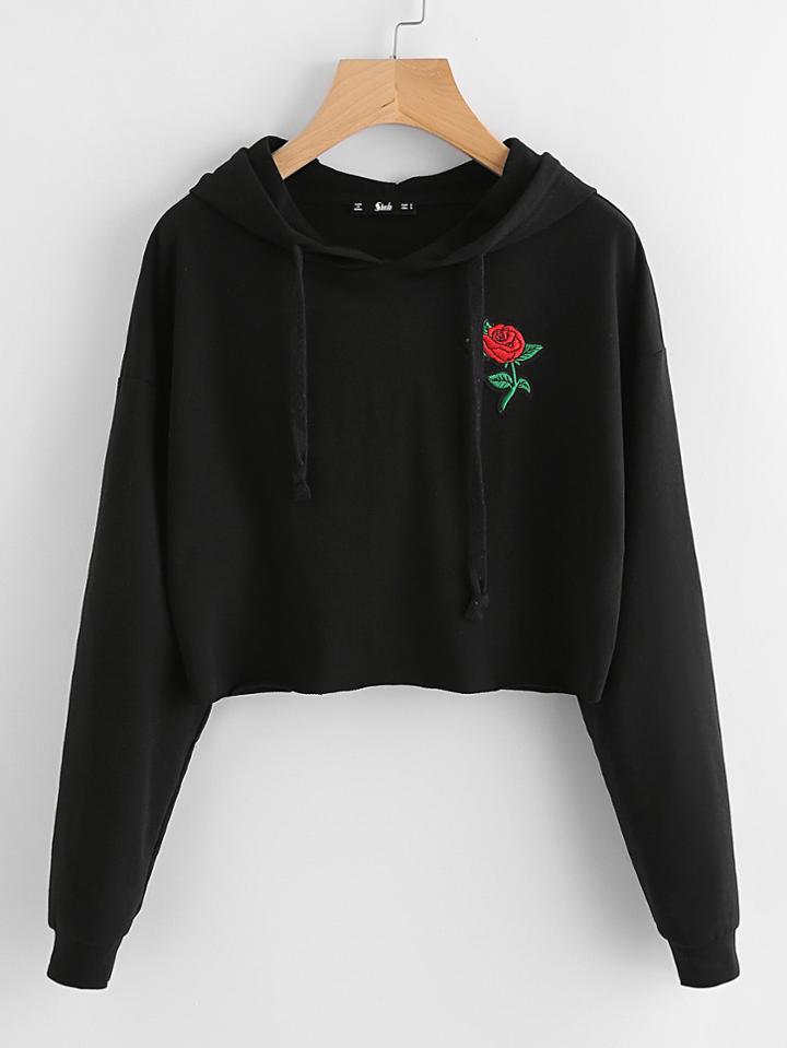 Shein Embroidered Rose Patch Raw Hem Hoodie