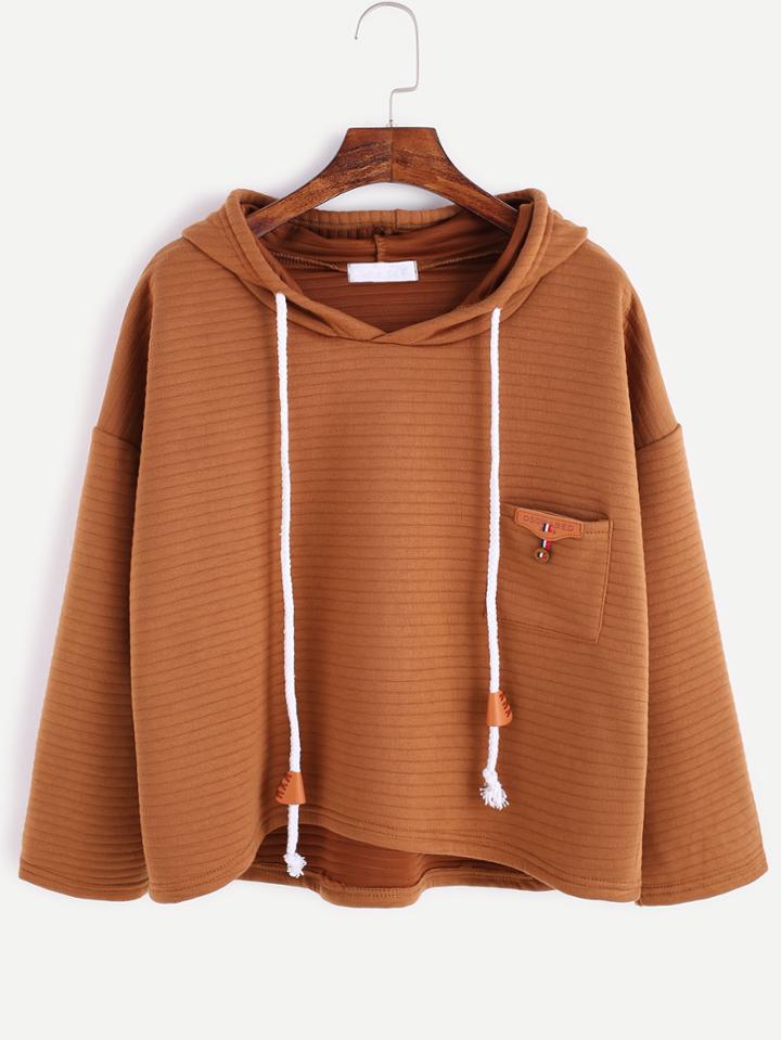 Shein Khaki Hooded High Low Pocket Textured Sweatshirt