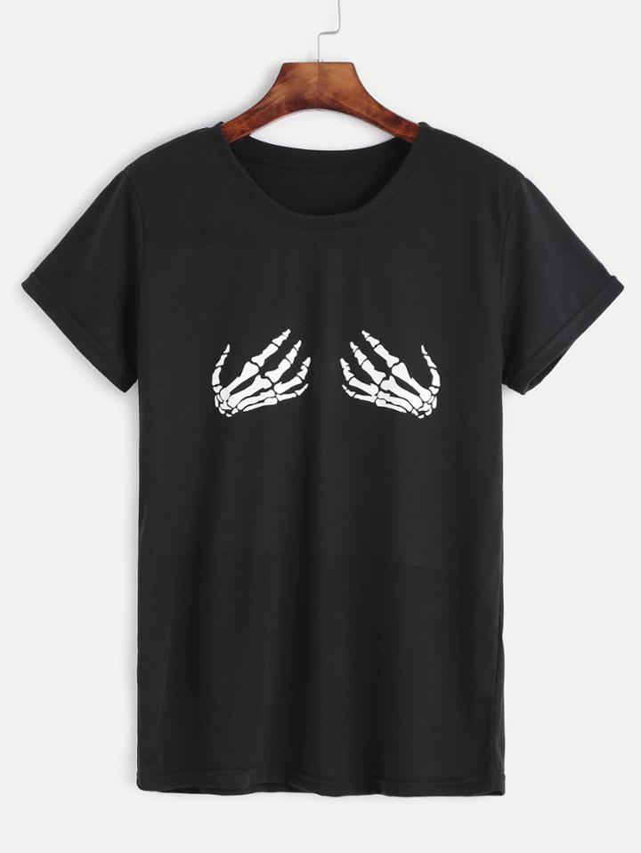 Shein Black Printed Short Sleeve T-shirt