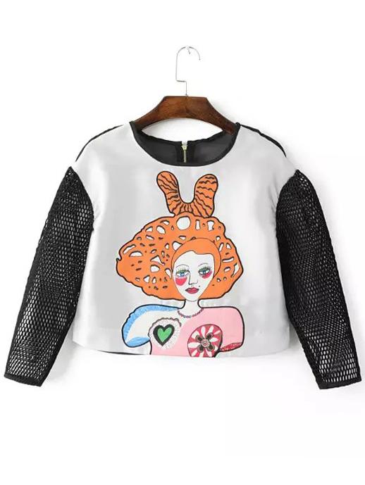 Shein Multicolor Crew Neck Cartoon Print Grid Top