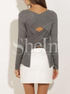 Shein Grey Long Sleeve Cut Out T-shirt