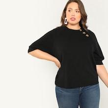 Shein Plus Buttoned Neck Raglan Sleeve Textured Top
