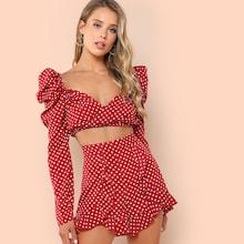 Shein Polka Dot Print Wrap Top & Ruffle Hem Shorts Set