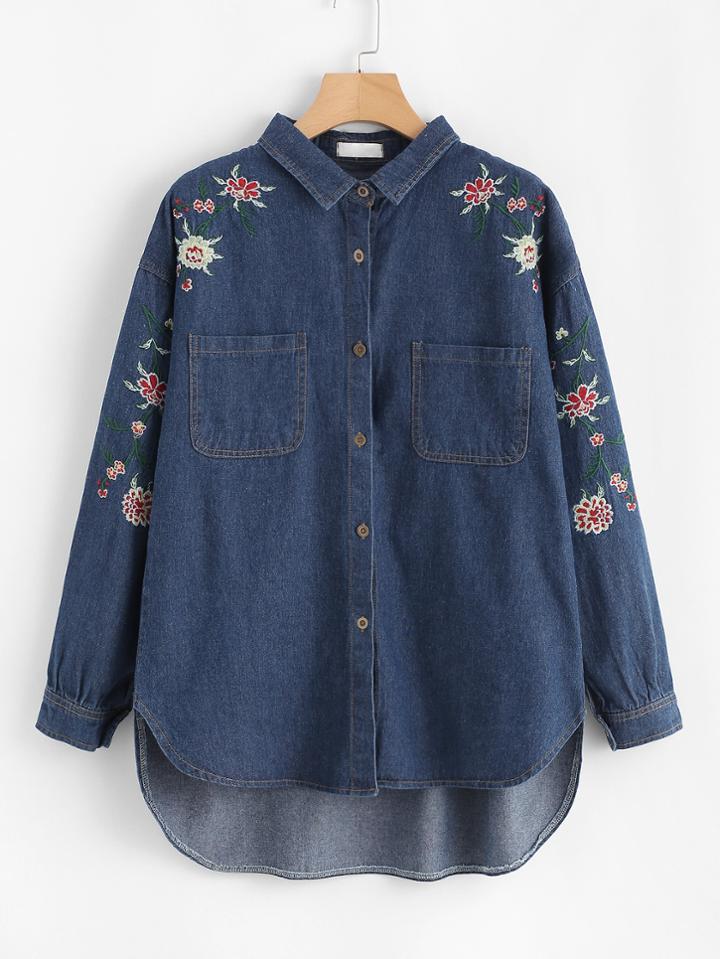 Shein Flower Embroidery Step Hem Denim Blouse