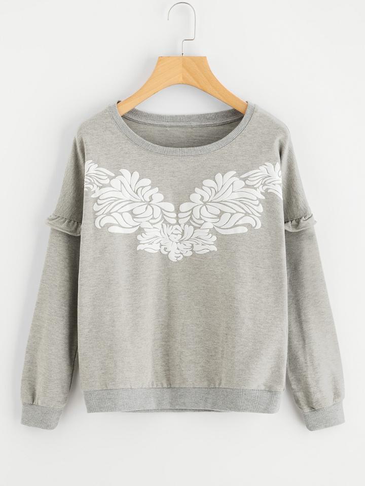 Shein Graphic Printed Frill Trim Sweatshirt