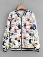 Shein Striped Trim Allover Print Velvet Bomber Jacket
