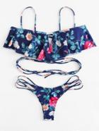 Shein Floral Print Ladder Cutout Flounce Bikini Set