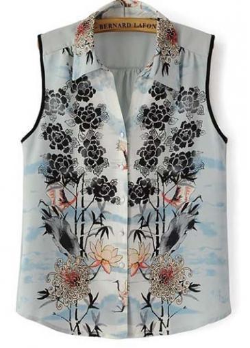 Rosewe Latest Turndown Collar Sleeveless Print Blouse For Summer