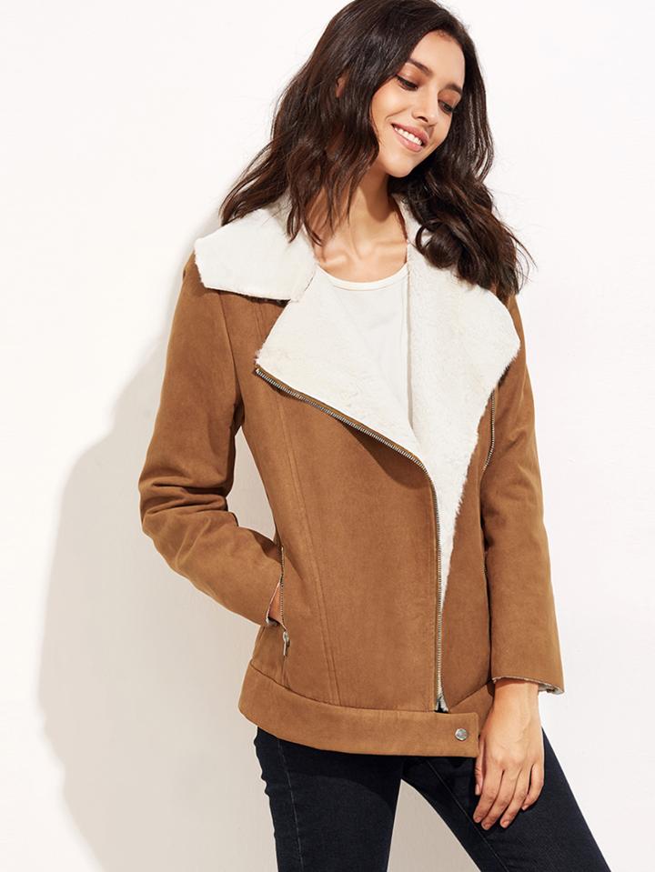 Shein Camel Faux Shearling Asymmetric Zip Jacket