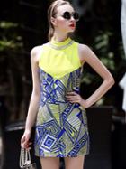 Shein Multicolor Stand Collar Sleeveless Print Pockets Dress