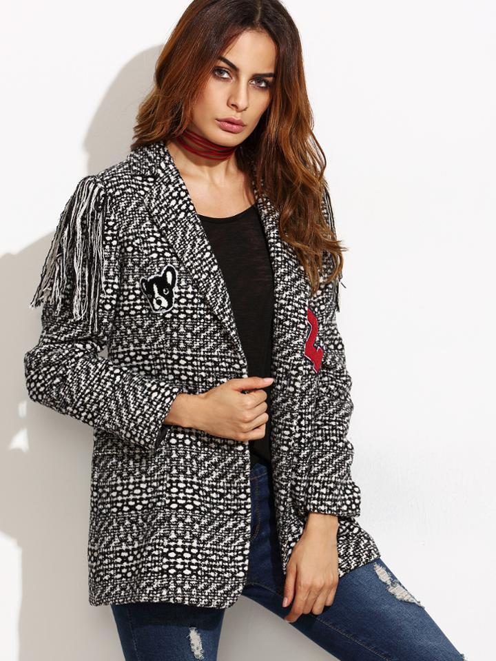 Shein Fringe Tweed Blazer With Embroidered Patch