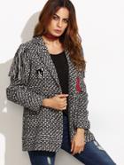 Shein Fringe Tweed Blazer With Embroidered Patch