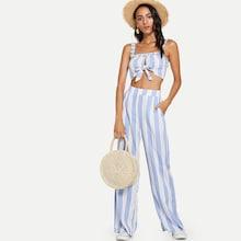 Shein Lettuce Trim Knot Hem Crop Top And Wide Leg Pants Set
