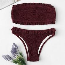 Shein Frill Trim Smocked Bandeau Bikini Set