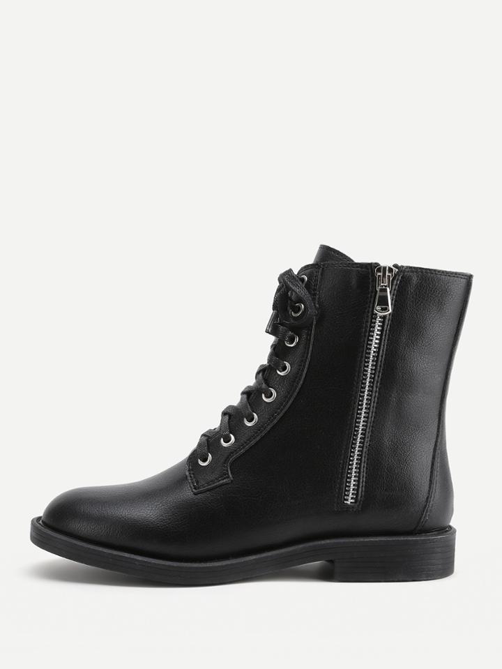 Shein Double Side Zipper Lace Up Flat Boots