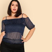 Shein Plus Ruffle Trim Shirred Hem Cold Shoulder Top