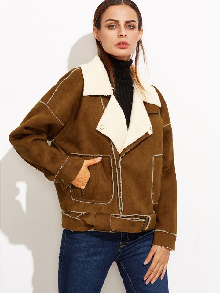 Shein Brown Faux Shearling Buckle Strap Hem Jacket