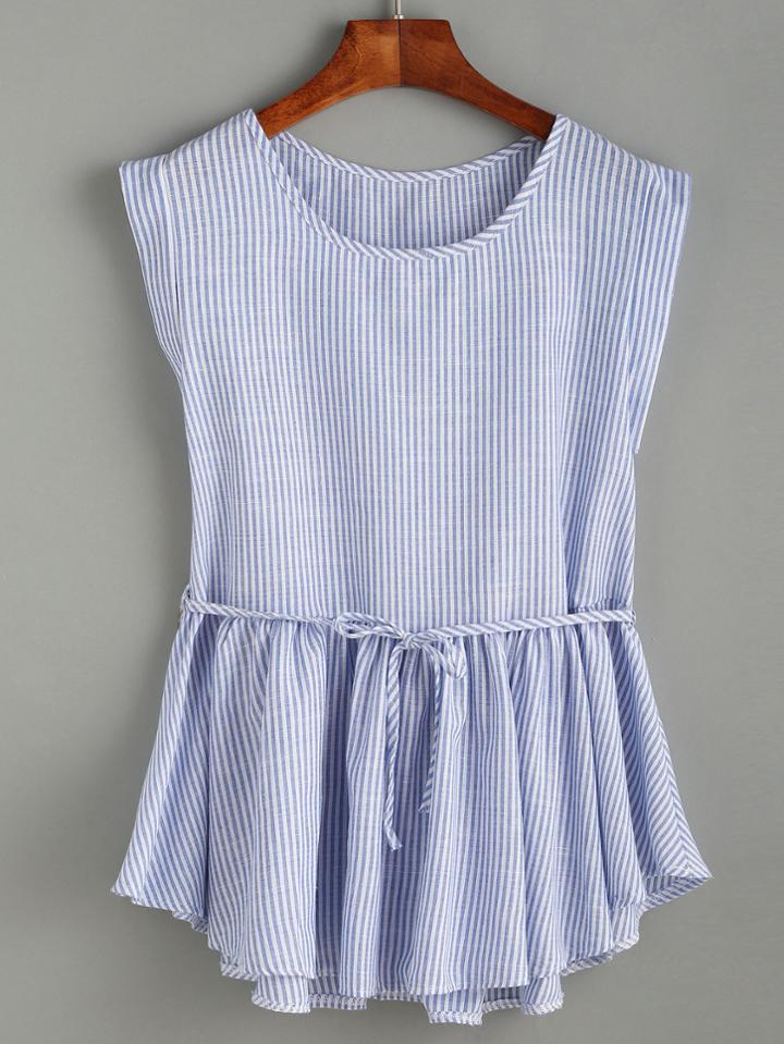 Shein Blue Vertical Striped Self Tie Ruffle Hem Blouse