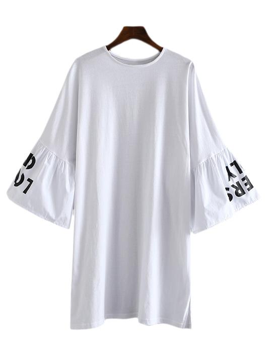 Shein White Letters Print Bell Sleeve Dress