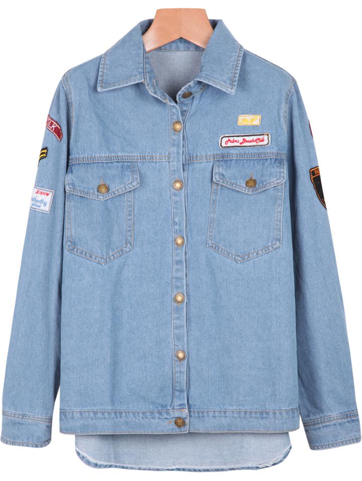 Shein Blue Lapel Long Sleeve Pockets Denim Blouse