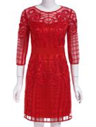 Shein Red Round Neck Length Sleeve Contrast Gauze Embroidered Dress
