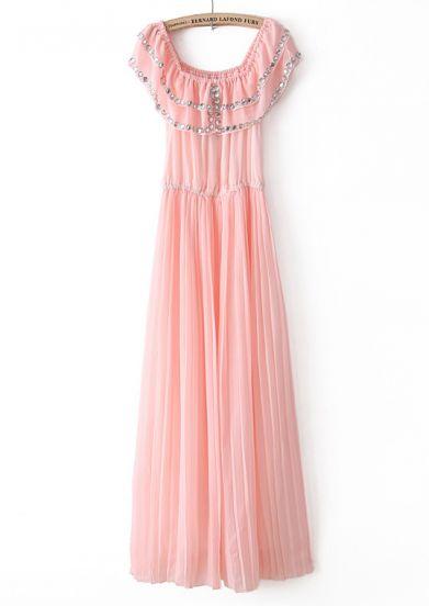 Shein Pink Sleeveless Rhinestone Pleated Chiffon Dress