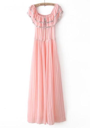 Shein Pink Sleeveless Rhinestone Pleated Chiffon Dress
