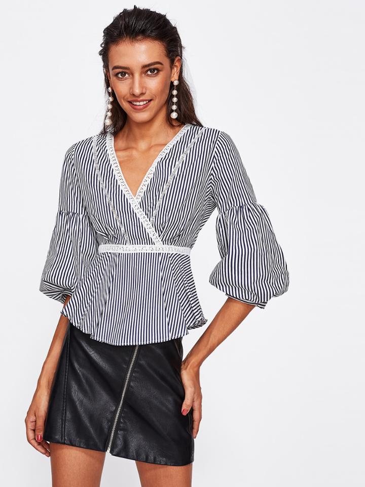 Shein Contrast Crochet Trim Lantern Sleeve Stripe Blouse