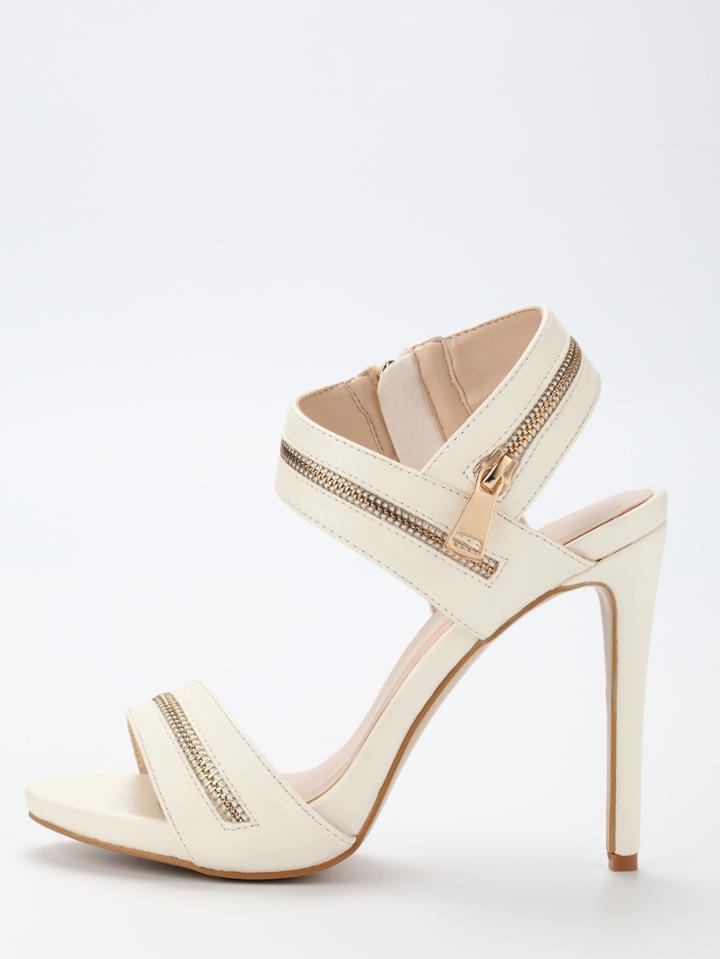 Shein Zipper Embellished Strappy Heels - Beige