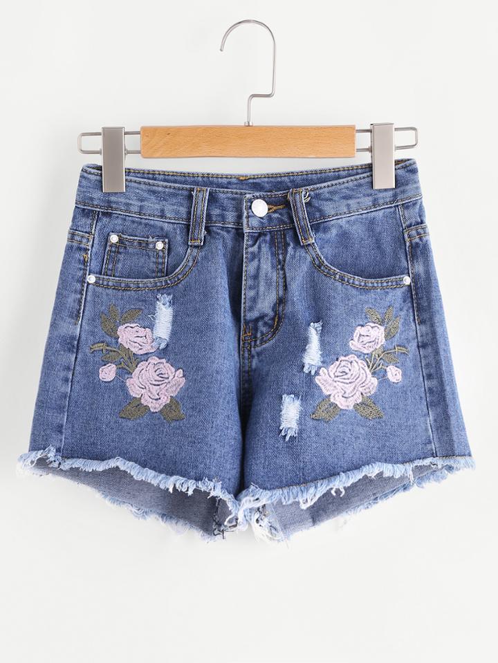 Shein Embroidered Ripped Frayed Hem Denim Shorts