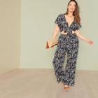 Shein Plus Floral Print Knot Back Wrap Top & Wide Leg Pants Set