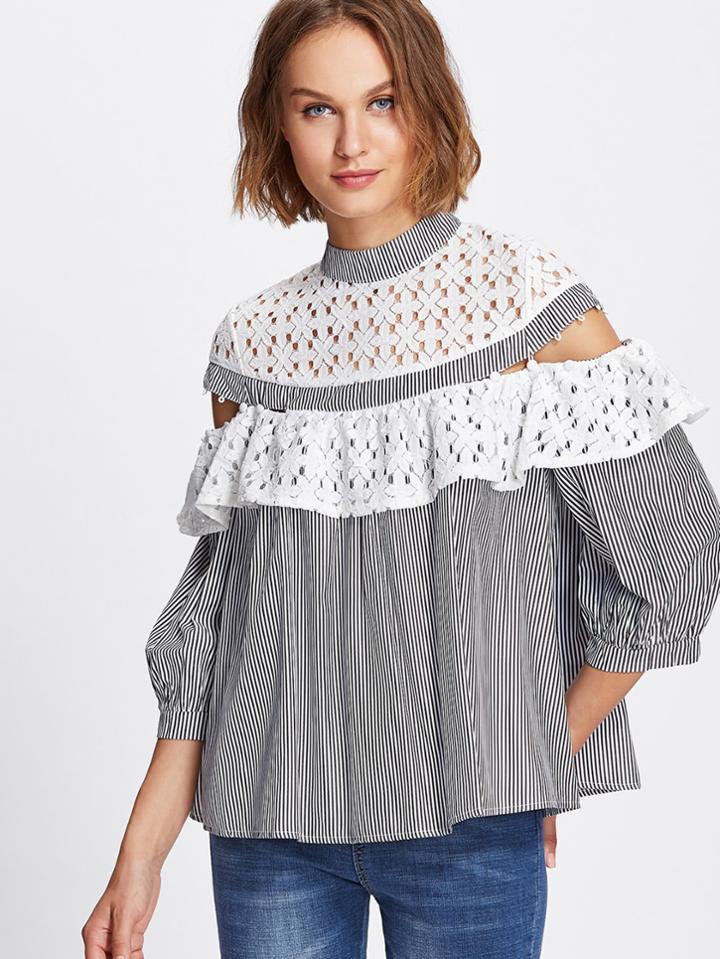 Shein Guipure Lace Yoke And Flounce Striped Top