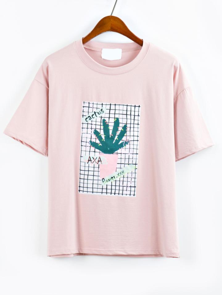 Shein Cactus Print Drop Shoulder T-shirt - Pink