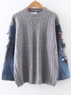 Shein Grey Cable Knit Sequin Ripped Denim Sleeve Sweater
